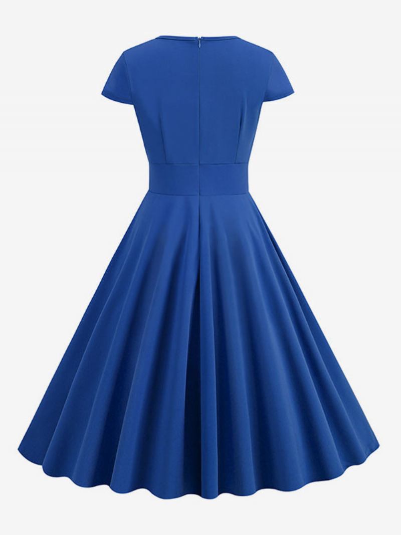 Vestido Feminino Vintage Dos Anos 1950. Estilo Audrey Hepburn Decote Joia Mangas Curtas Médio Swing - Azul