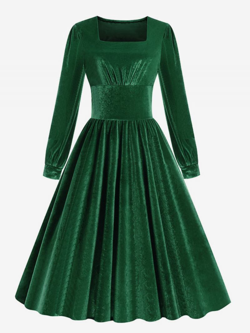 Vestido Feminino Vintage Dos Anos 1950. Estilo Audrey Hepburn Preto Mangas Compridas Pescoço Quadrado Rockabilly - Verde