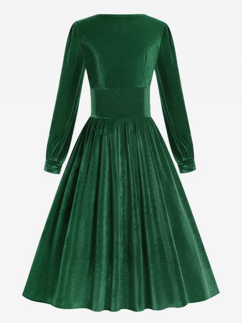 Vestido Feminino Vintage Dos Anos 1950. Estilo Audrey Hepburn Preto Mangas Compridas Pescoço Quadrado Rockabilly - Verde