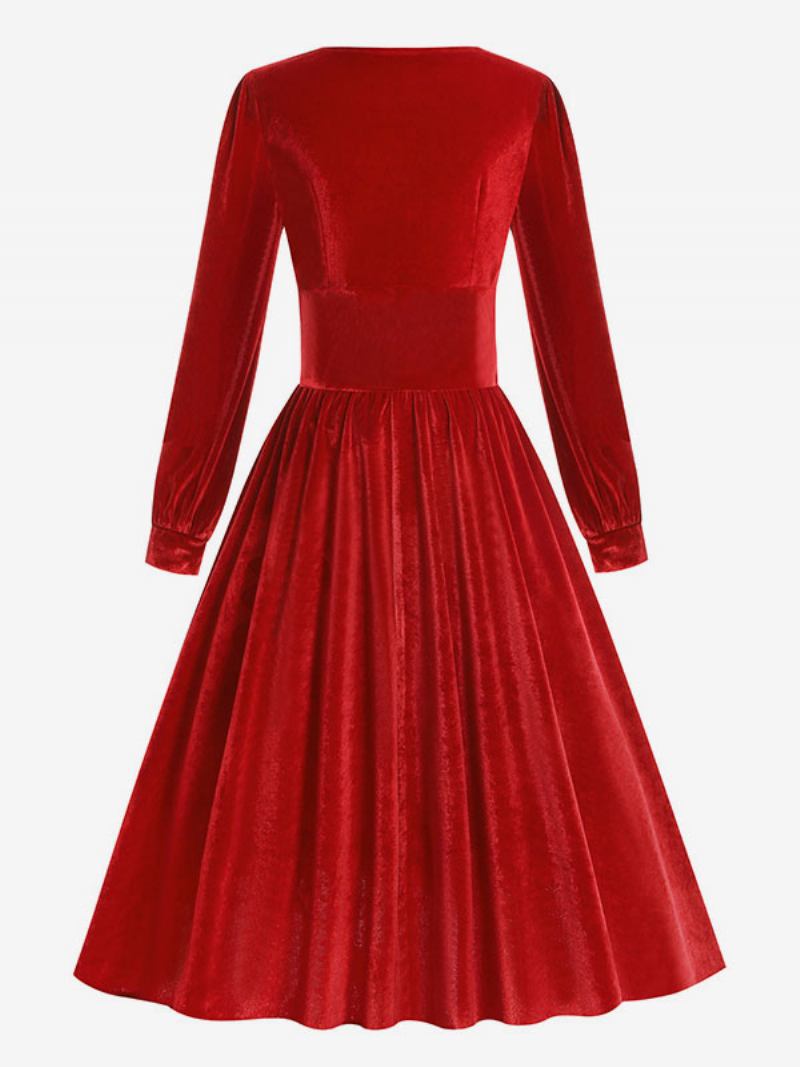 Vestido Feminino Vintage Dos Anos 1950. Estilo Audrey Hepburn Preto Mangas Compridas Pescoço Quadrado Rockabilly - Vermelho