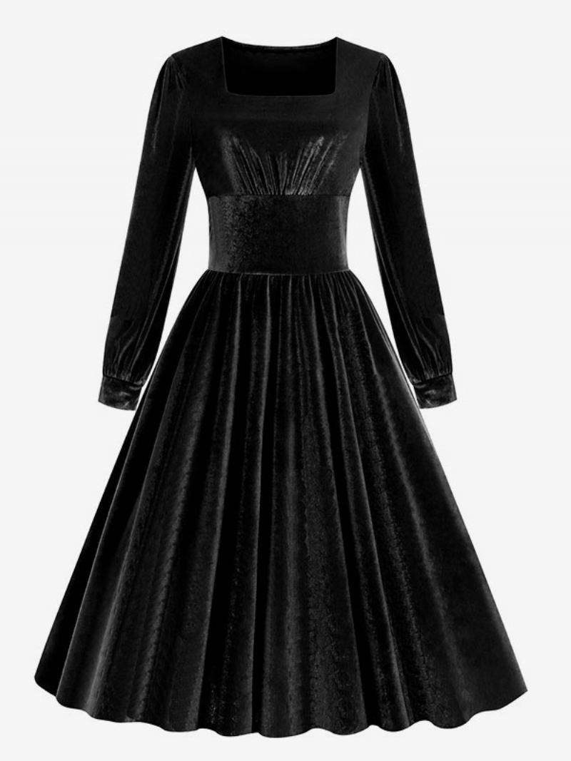 Vestido Feminino Vintage Dos Anos 1950. Estilo Audrey Hepburn Preto Mangas Compridas Pescoço Quadrado Rockabilly - Preto