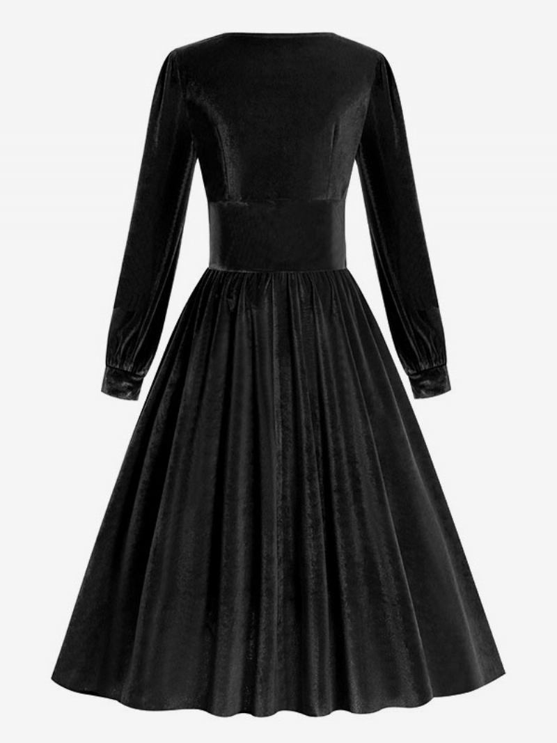 Vestido Feminino Vintage Dos Anos 1950. Estilo Audrey Hepburn Preto Mangas Compridas Pescoço Quadrado Rockabilly - Preto