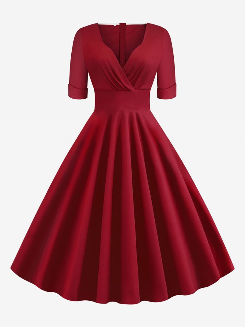 Vestido Feminino Vintage Dos Anos 1950. Estilo Audrey Hepburn Vermelho Em Camadas Mangas Curtas Decote Coração Rockabilly