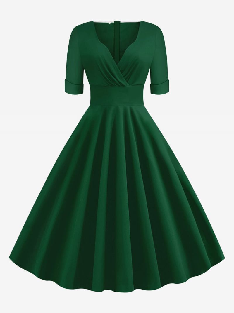 Vestido Feminino Vintage Dos Anos 1950. Estilo Audrey Hepburn Vermelho Em Camadas Mangas Curtas Decote Coração Rockabilly - Verde