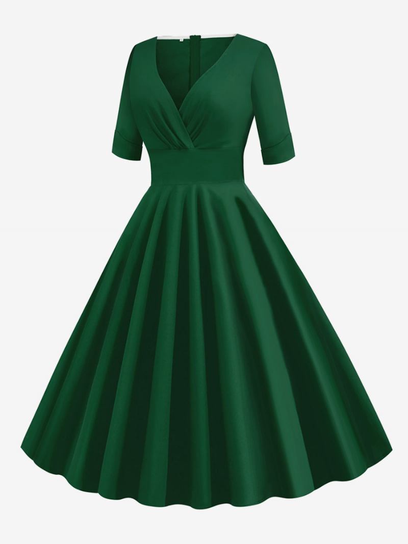 Vestido Feminino Vintage Dos Anos 1950. Estilo Audrey Hepburn Vermelho Em Camadas Mangas Curtas Decote Coração Rockabilly - Verde