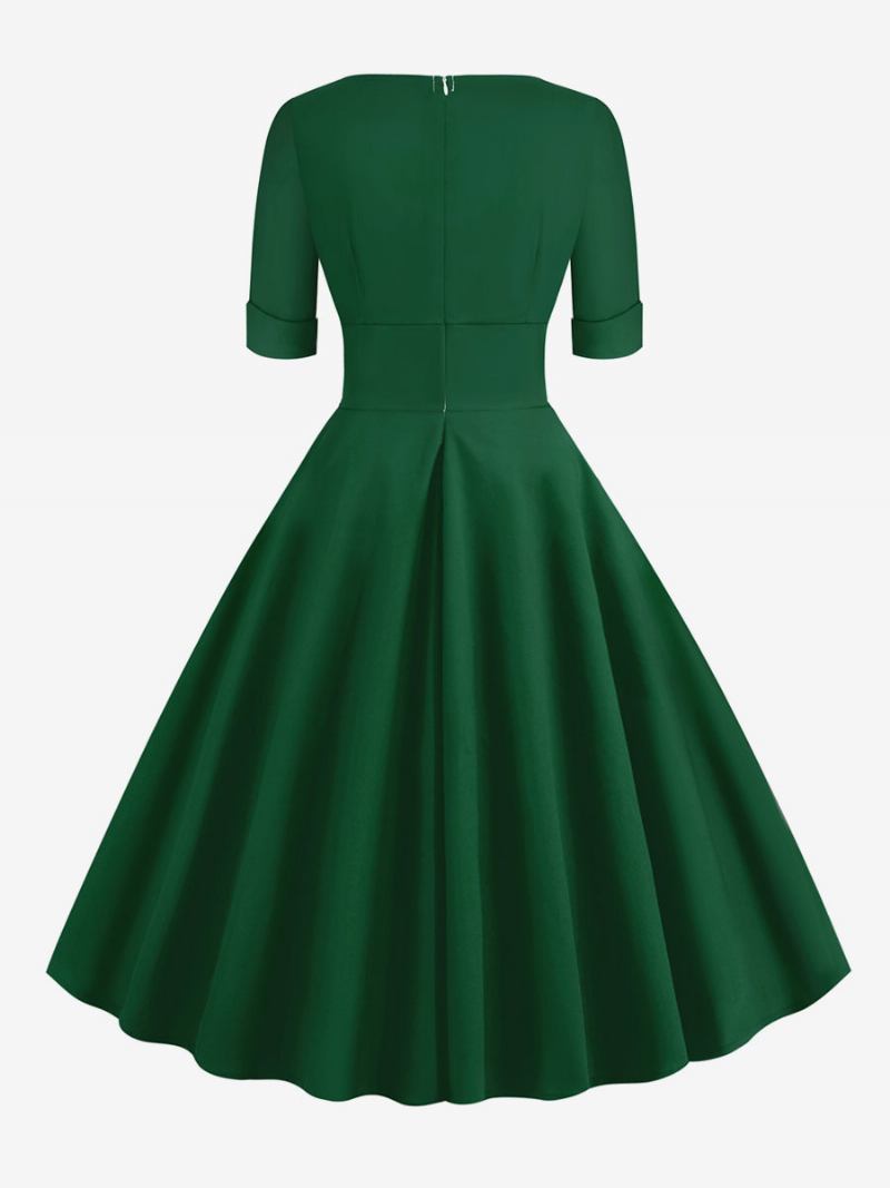 Vestido Feminino Vintage Dos Anos 1950. Estilo Audrey Hepburn Vermelho Em Camadas Mangas Curtas Decote Coração Rockabilly - Verde