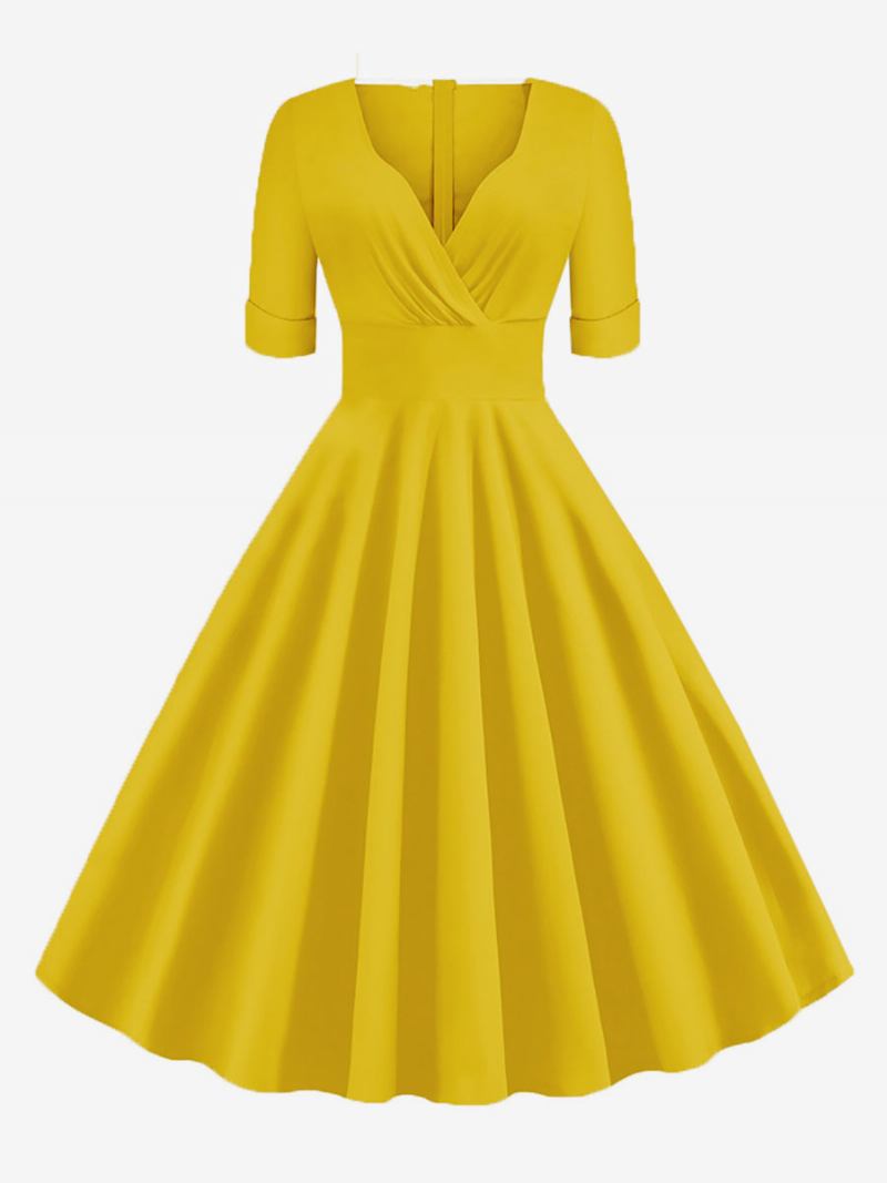 Vestido Feminino Vintage Dos Anos 1950. Estilo Audrey Hepburn Vermelho Em Camadas Mangas Curtas Decote Coração Rockabilly - Amarelo