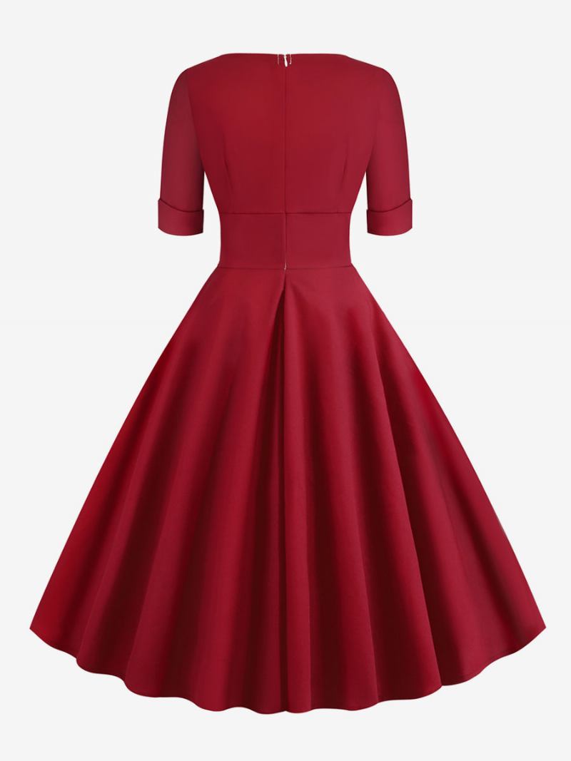 Vestido Feminino Vintage Dos Anos 1950. Estilo Audrey Hepburn Vermelho Em Camadas Mangas Curtas Decote Coração Rockabilly - Vermelho