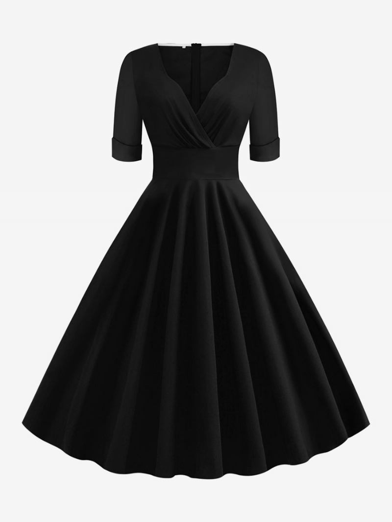 Vestido Feminino Vintage Dos Anos 1950. Estilo Audrey Hepburn Vermelho Em Camadas Mangas Curtas Decote Coração Rockabilly - Preto