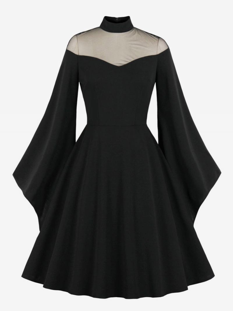 Vestido Feminino Vintage Estilo Audrey Hepburn Dos Anos 1950 Borgonha Em Camadas Mangas Compridas Com Gola Alta Rockabilly - Preto