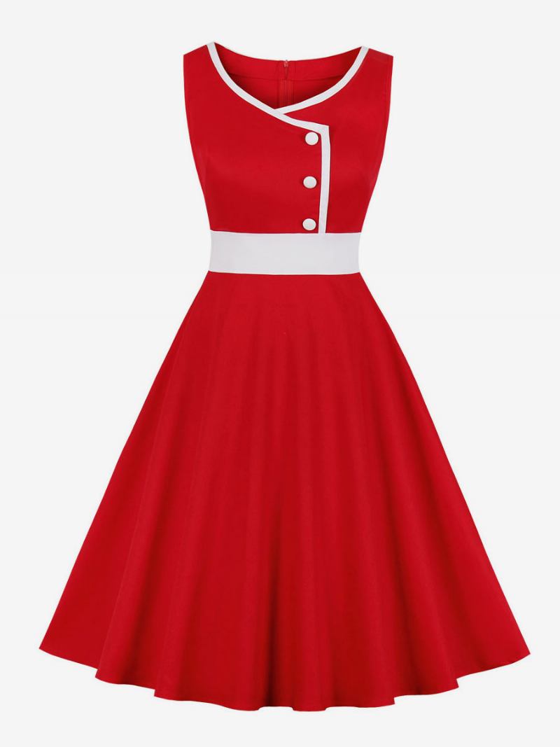 Vestido Feminino Vintage Estilo Audrey Hepburn Dos Anos 1950. Botões Em Dois Tons Sem Mangas Decote Coração Vermelho Swing