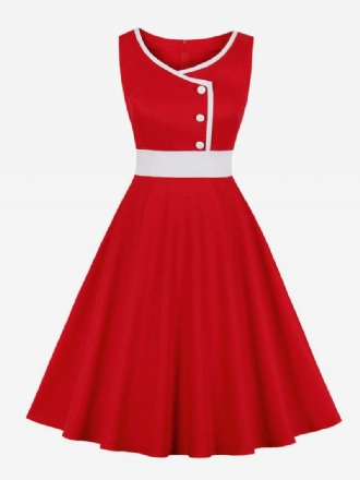 Vestido Feminino Vintage Estilo Audrey Hepburn Dos Anos 1950. Botões Em Dois Tons Sem Mangas Decote Coração Vermelho Swing