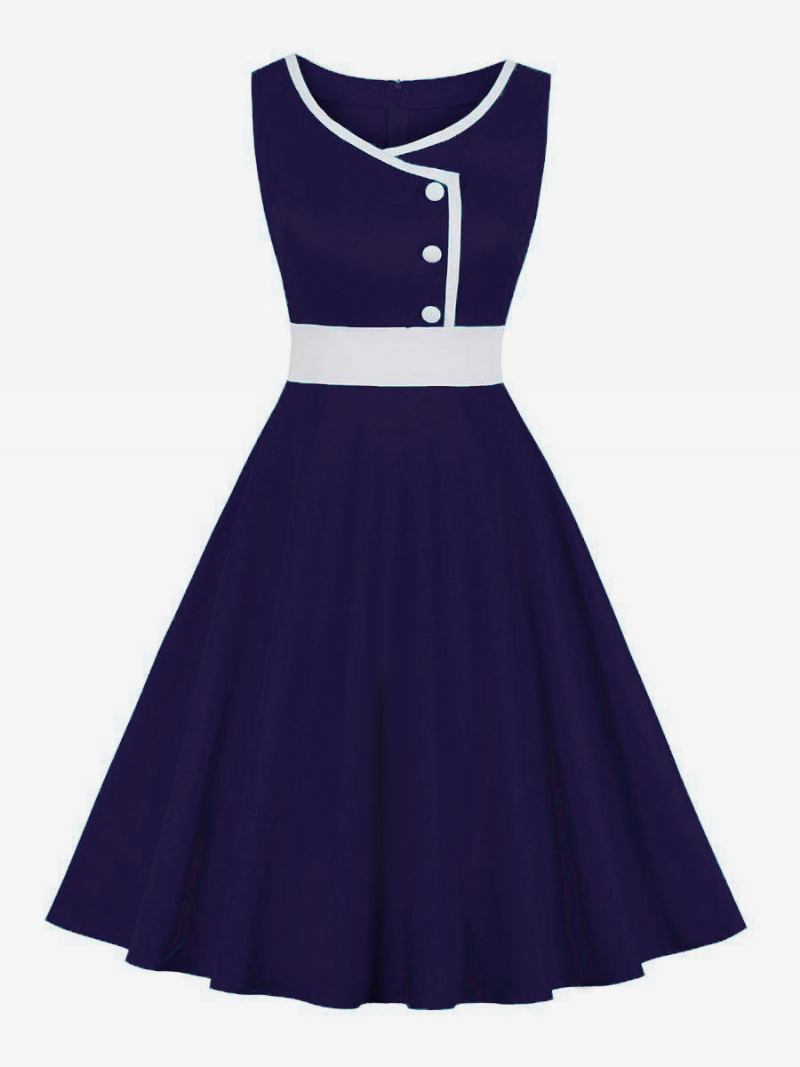 Vestido Feminino Vintage Estilo Audrey Hepburn Dos Anos 1950. Botões Em Dois Tons Sem Mangas Decote Coração Vermelho Swing -  Azul Profundo