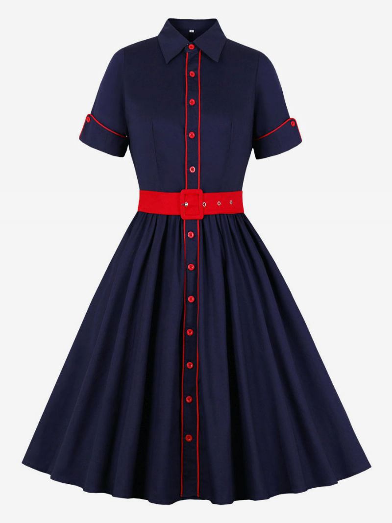 Vestido Feminino Vintage Estilo Audrey Hepburn Dos Anos 1950. Gola Aberta Botões Mangas Curtas Rockabilly Em Dois Tons