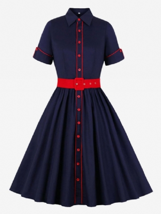 Vestido Feminino Vintage Estilo Audrey Hepburn Dos Anos 1950. Gola Aberta Botões Mangas Curtas Rockabilly Em Dois Tons