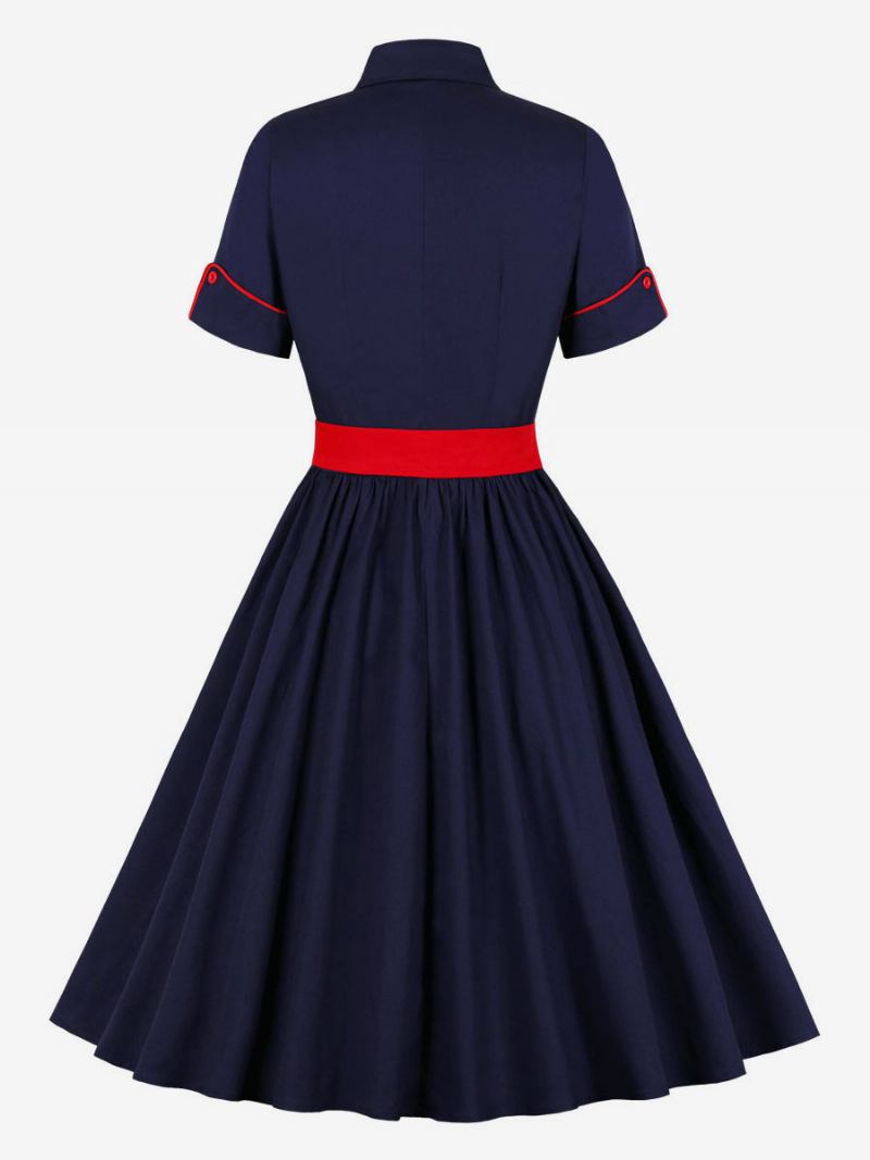 Vestido Feminino Vintage Estilo Audrey Hepburn Dos Anos 1950. Gola Aberta Botões Mangas Curtas Rockabilly Em Dois Tons - Azul Profundo