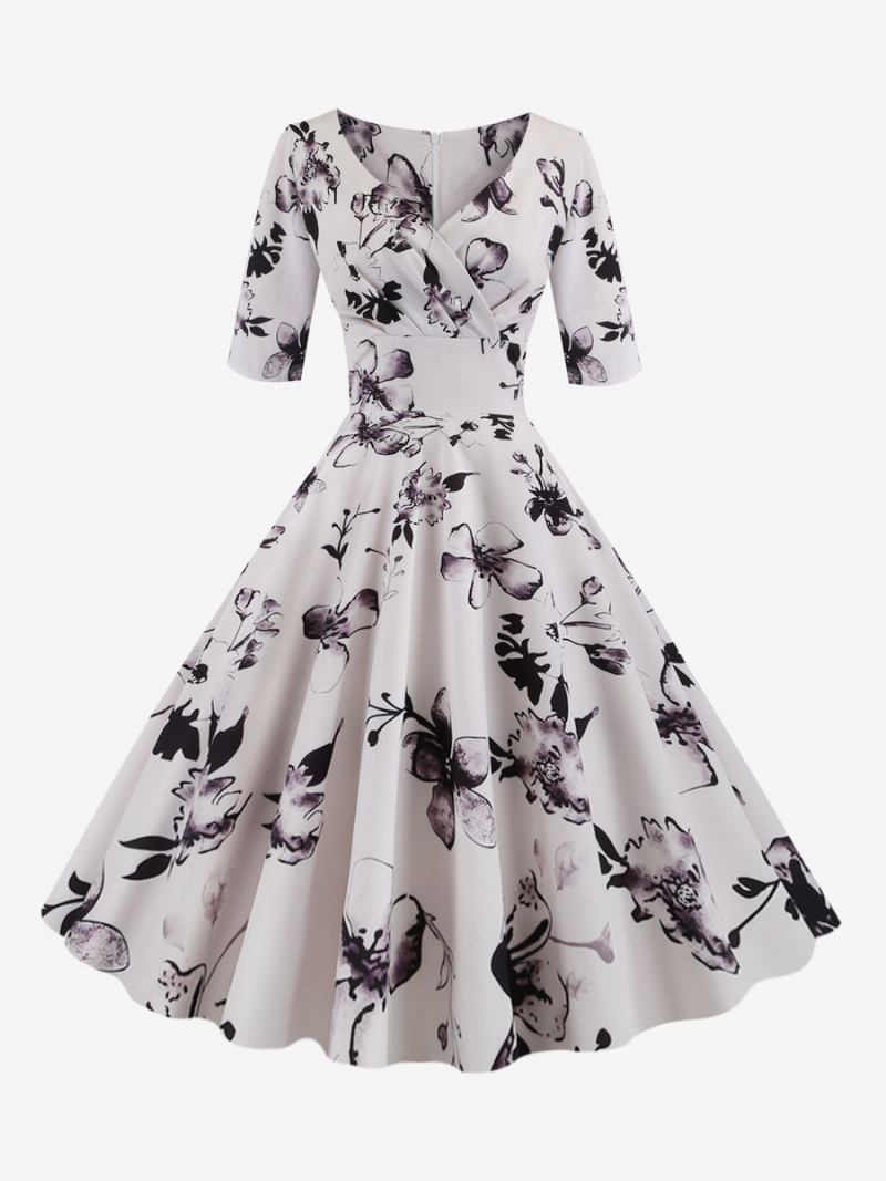 Vestido Feminino Vintage Preto Dos Anos 1950 Audrey Hepburn Estilo Floral Estampado Em Camadas Meia Manga Gola Coração Rockabilly Médio