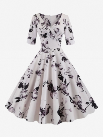 Vestido Feminino Vintage Preto Dos Anos 1950 Audrey Hepburn Estilo Floral Estampado Em Camadas Meia Manga Gola Coração Rockabilly Médio