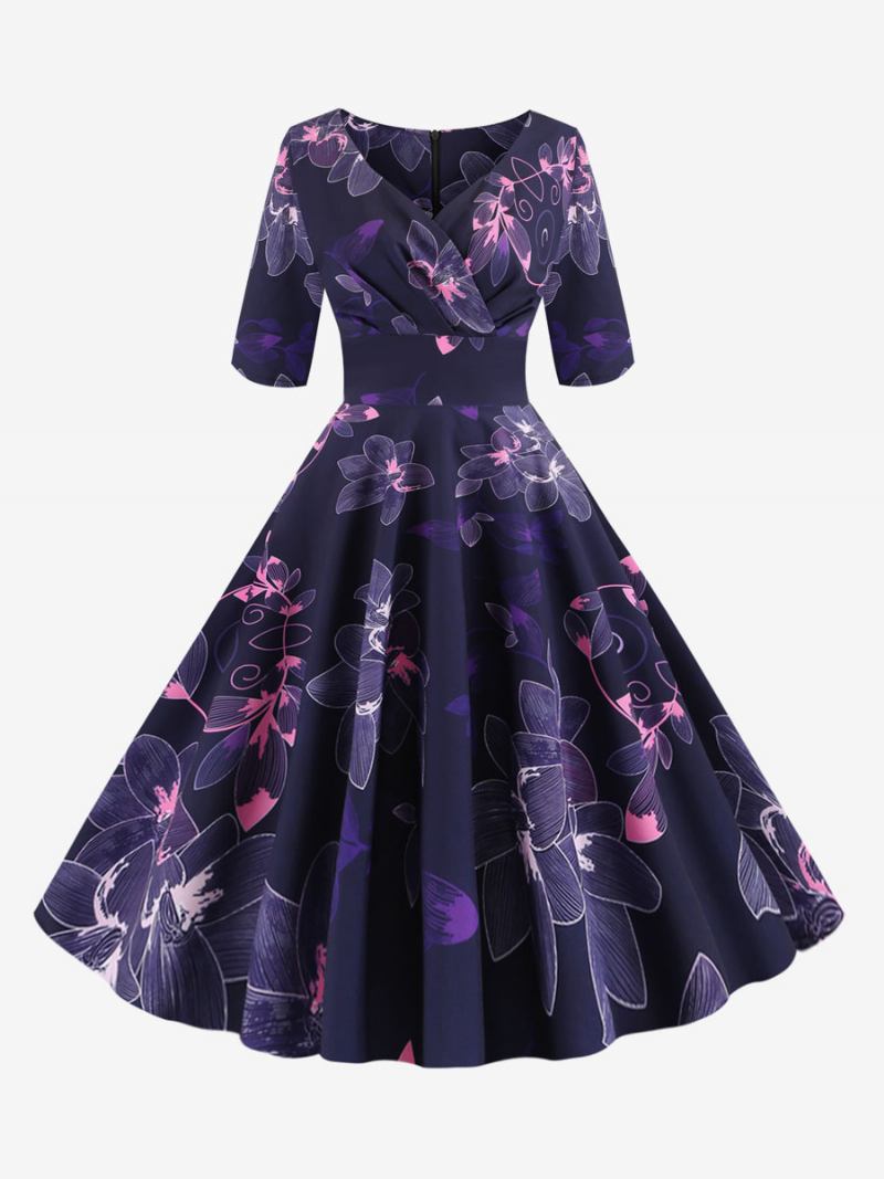 Vestido Feminino Vintage Preto Dos Anos 1950 Audrey Hepburn Estilo Floral Estampado Em Camadas Meia Manga Gola Coração Rockabilly Médio - Roxo