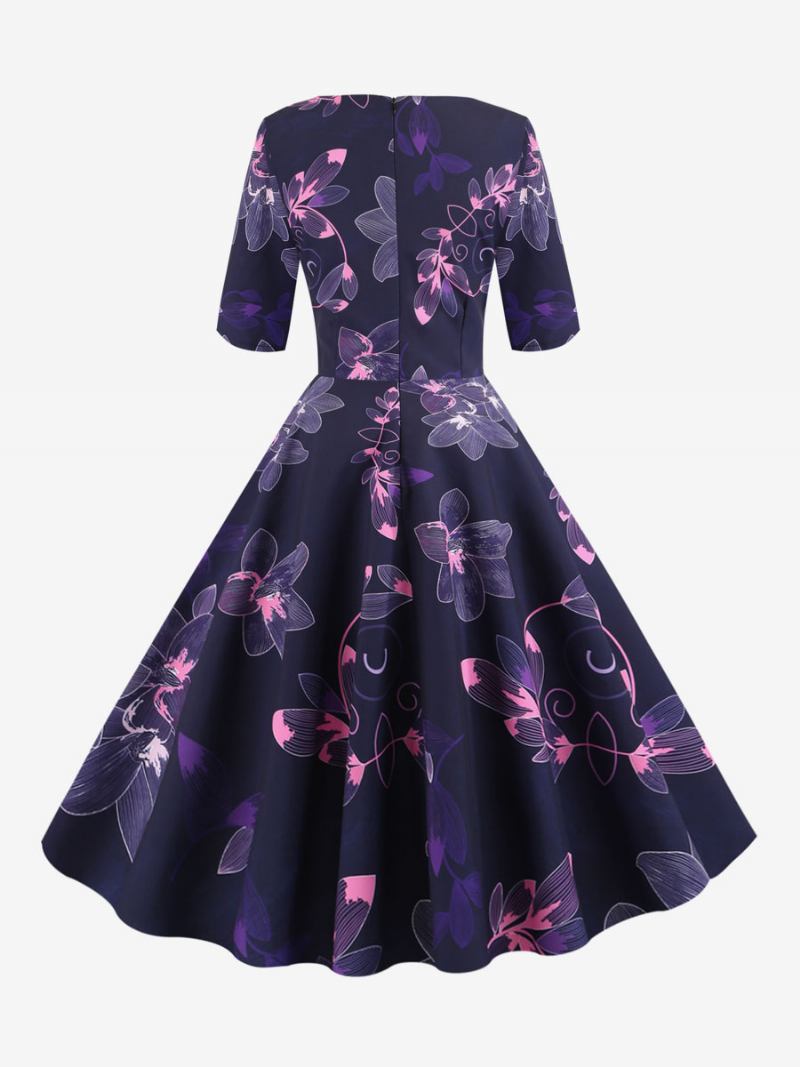 Vestido Feminino Vintage Preto Dos Anos 1950 Audrey Hepburn Estilo Floral Estampado Em Camadas Meia Manga Gola Coração Rockabilly Médio - Roxo