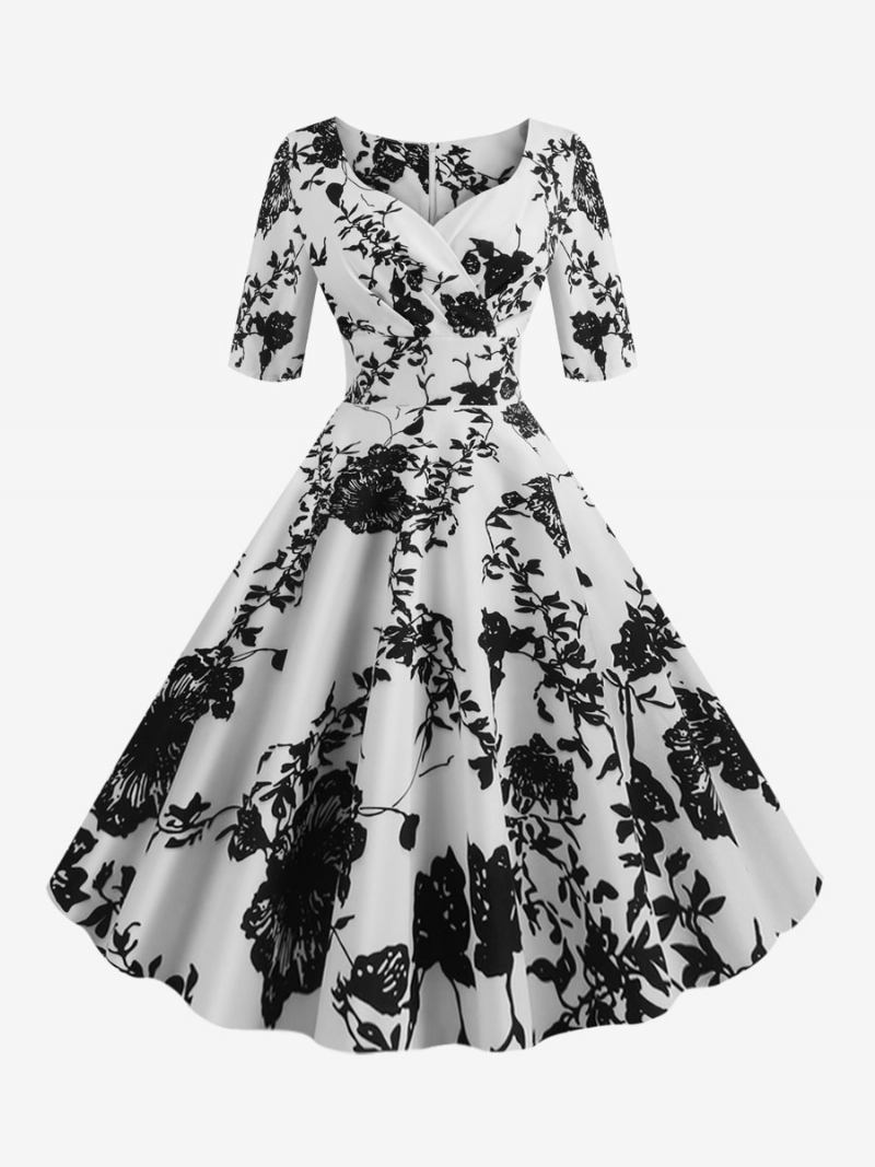 Vestido Feminino Vintage Preto Dos Anos 1950 Audrey Hepburn Estilo Floral Estampado Em Camadas Meia Manga Gola Coração Rockabilly Médio - Preto