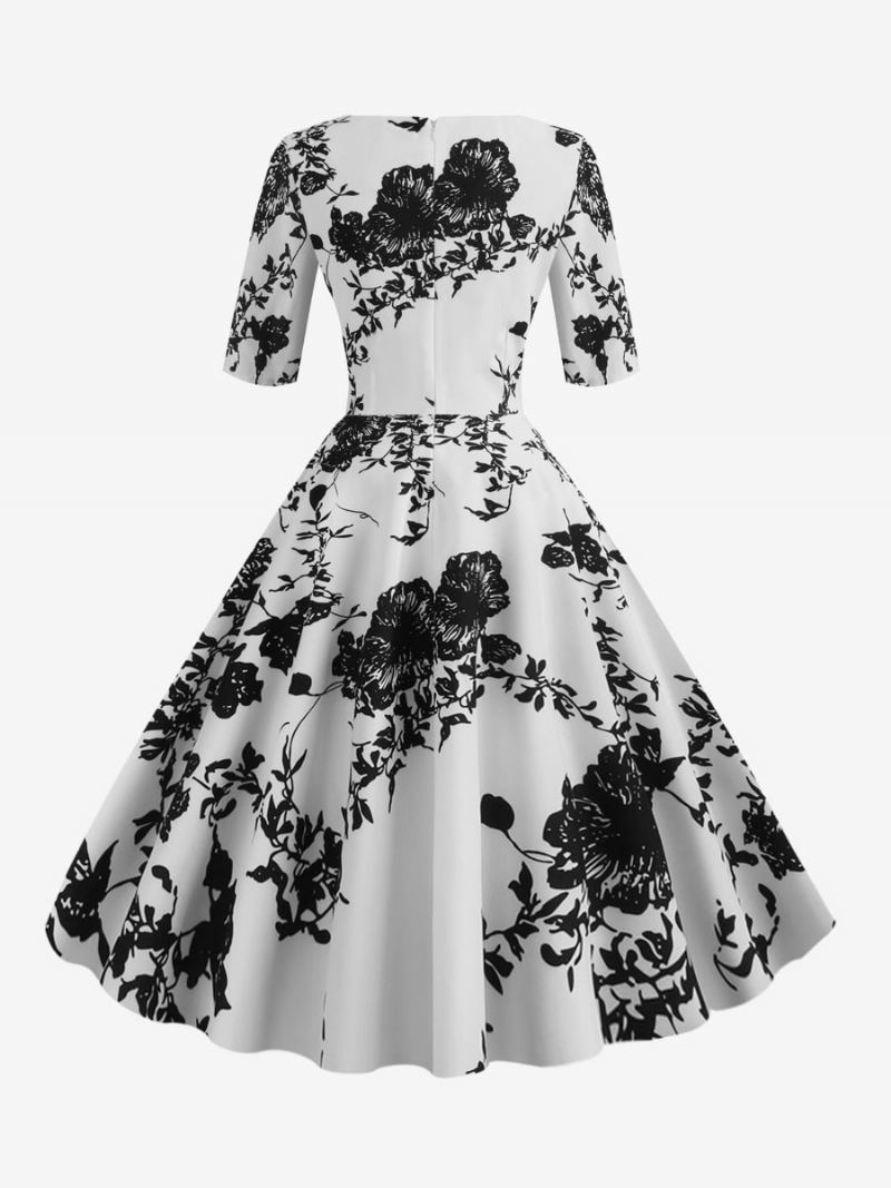 Vestido Feminino Vintage Preto Dos Anos 1950 Audrey Hepburn Estilo Floral Estampado Em Camadas Meia Manga Gola Coração Rockabilly Médio - Preto