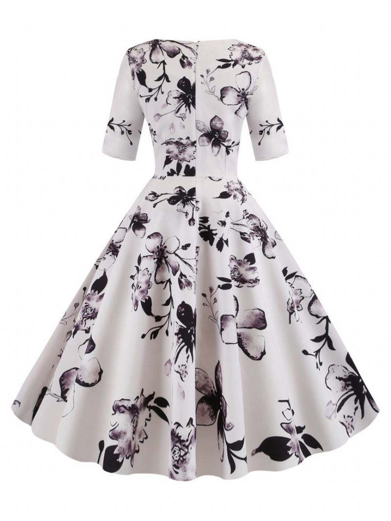 Vestido Feminino Vintage Preto Dos Anos 1950 Audrey Hepburn Estilo Floral Estampado Em Camadas Meia Manga Gola Coração Rockabilly Médio - Branco