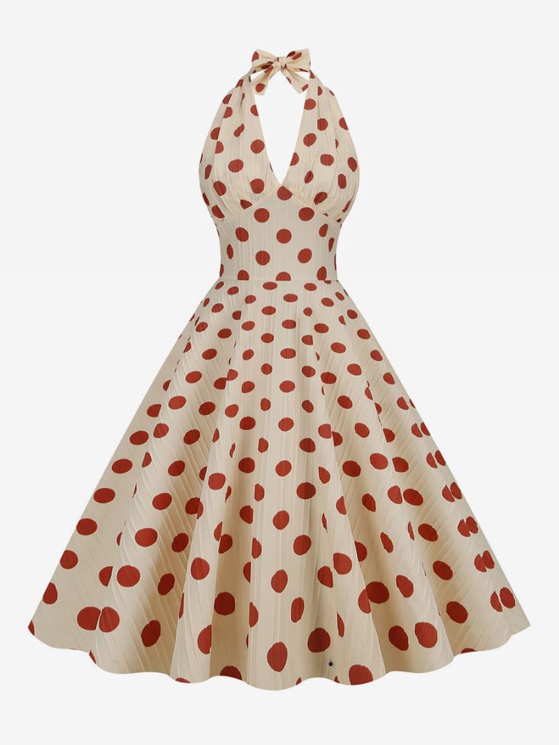 Vestido Feminino Vintage Vermelho Dos Anos 1950 Audrey Hepburn Estilo Bolinhas Plissadas Sem Mangas Com Decote Em V Médio Swing