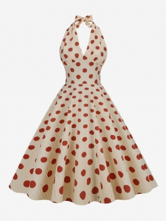 Vestido Feminino Vintage Vermelho Dos Anos 1950 Audrey Hepburn Estilo Bolinhas Plissadas Sem Mangas Com Decote Em V Médio Swing