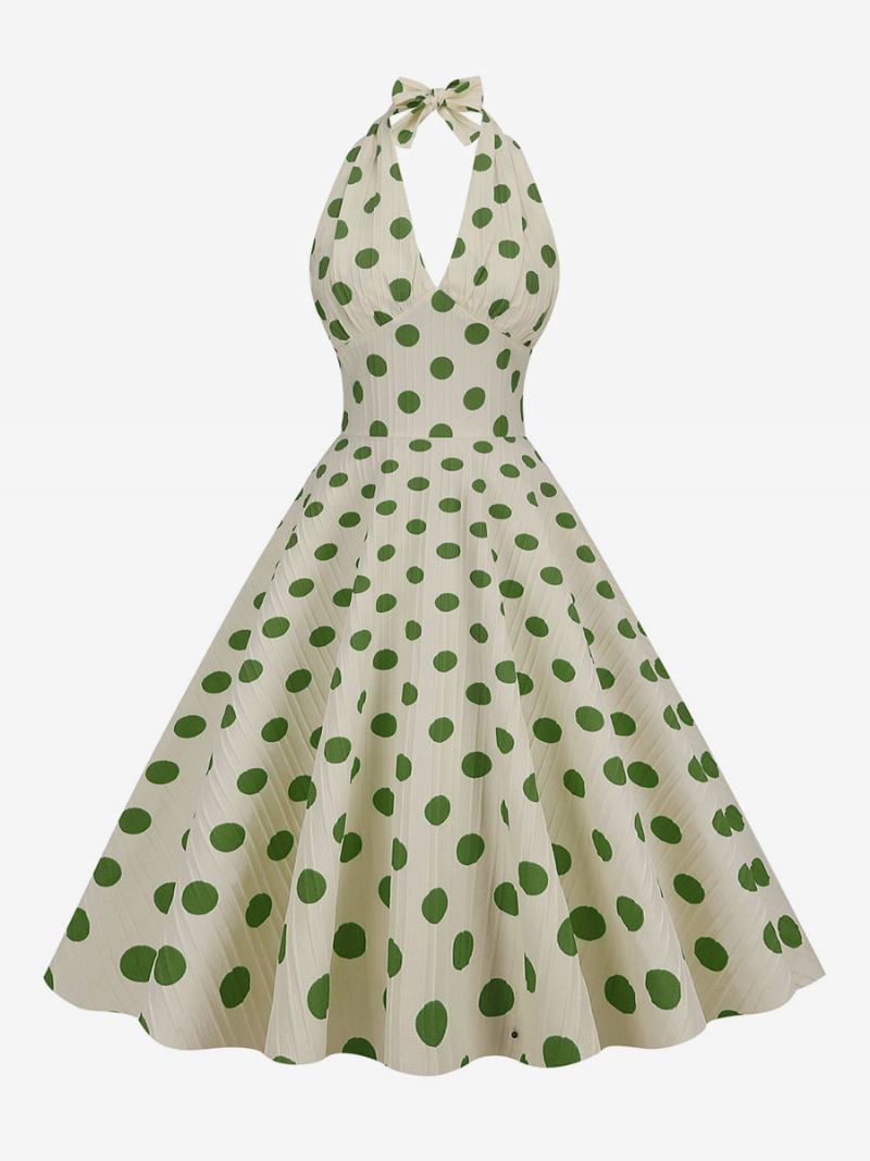 Vestido Feminino Vintage Vermelho Dos Anos 1950 Audrey Hepburn Estilo Bolinhas Plissadas Sem Mangas Com Decote Em V Médio Swing - Verde