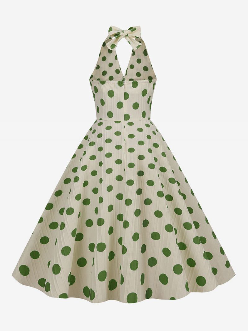 Vestido Feminino Vintage Vermelho Dos Anos 1950 Audrey Hepburn Estilo Bolinhas Plissadas Sem Mangas Com Decote Em V Médio Swing - Verde