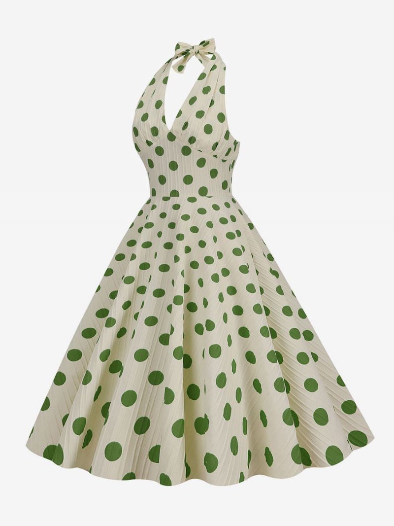 Vestido Feminino Vintage Vermelho Dos Anos 1950 Audrey Hepburn Estilo Bolinhas Plissadas Sem Mangas Com Decote Em V Médio Swing - Verde