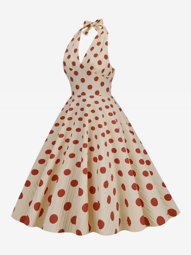 Vestido Feminino Vintage Vermelho Dos Anos 1950 Audrey Hepburn Estilo Bolinhas Plissadas Sem Mangas Com Decote Em V Médio Swing - Vermelho