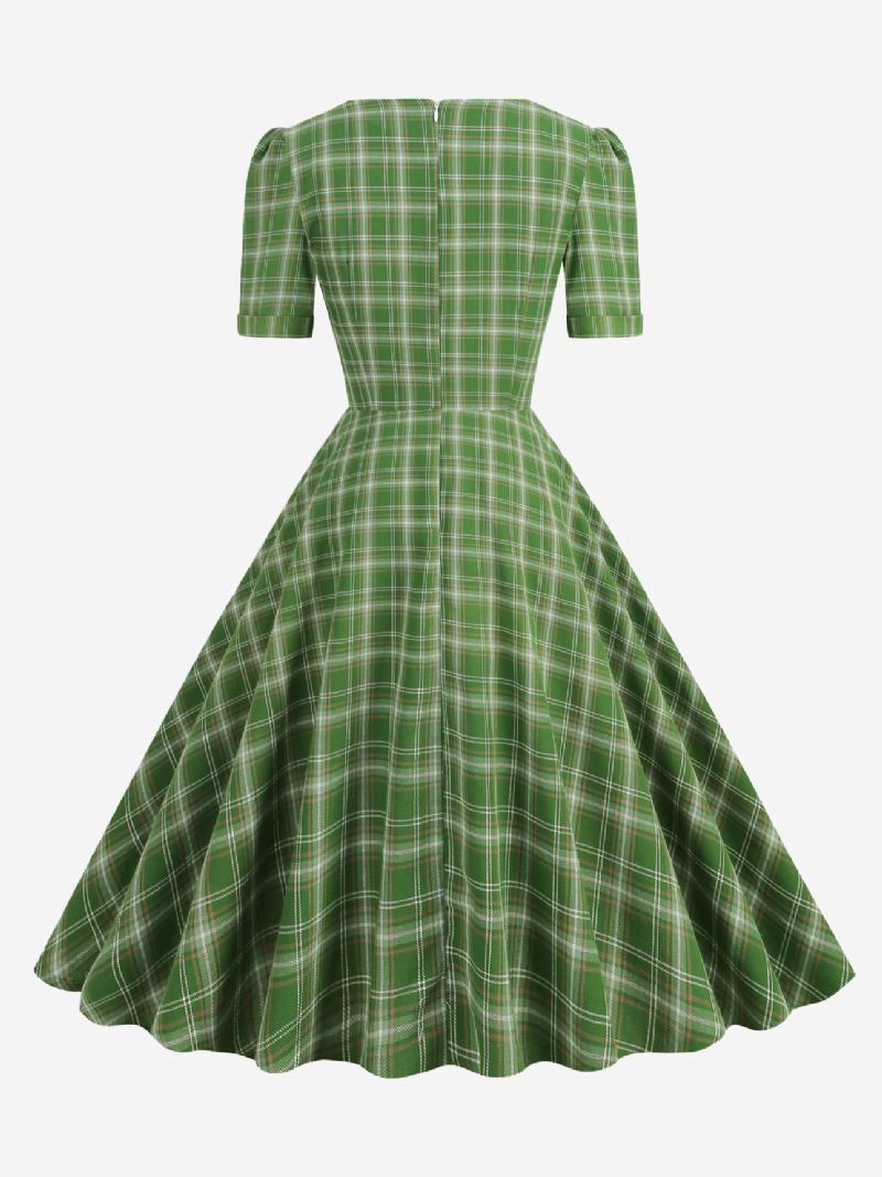 Vestido Feminino Vintage Xadrez Vermelho Anos 50 Audrey Hepburn Estilo Arcos Mangas Curtas Decote Em Coração Médio Swing - Verde