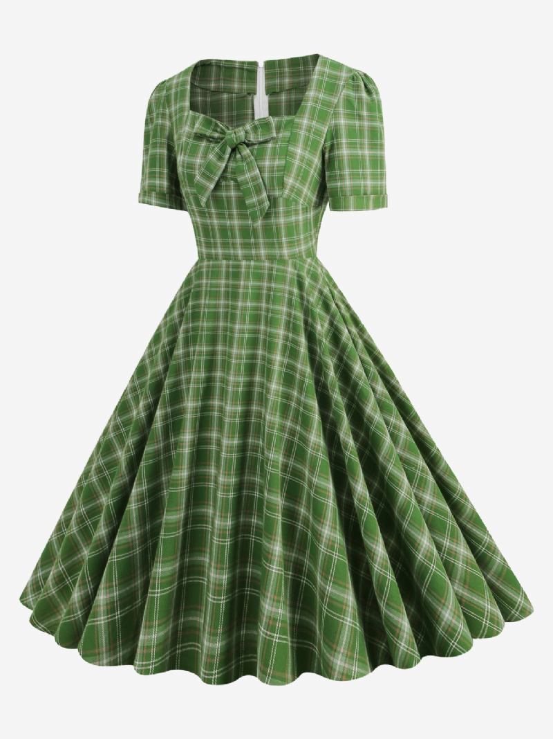 Vestido Feminino Vintage Xadrez Vermelho Anos 50 Audrey Hepburn Estilo Arcos Mangas Curtas Decote Em Coração Médio Swing - Verde