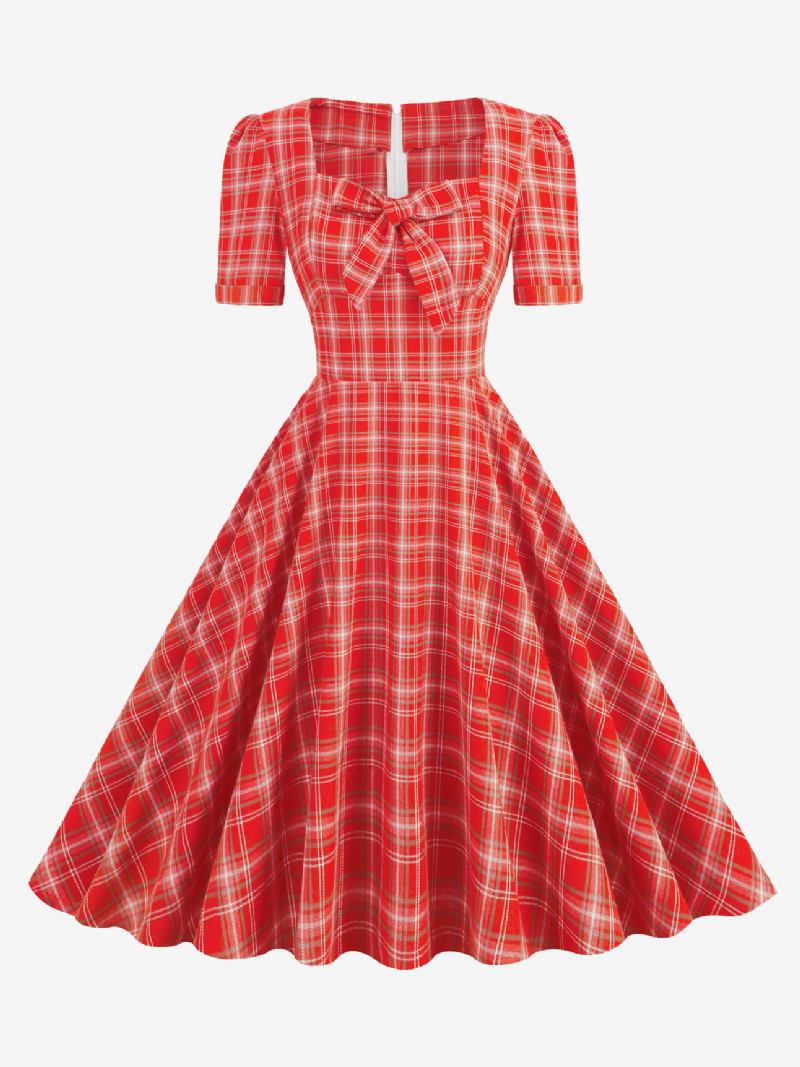 Vestido Feminino Vintage Xadrez Vermelho Anos 50 Audrey Hepburn Estilo Arcos Mangas Curtas Decote Em Coração Médio Swing - Vermelho