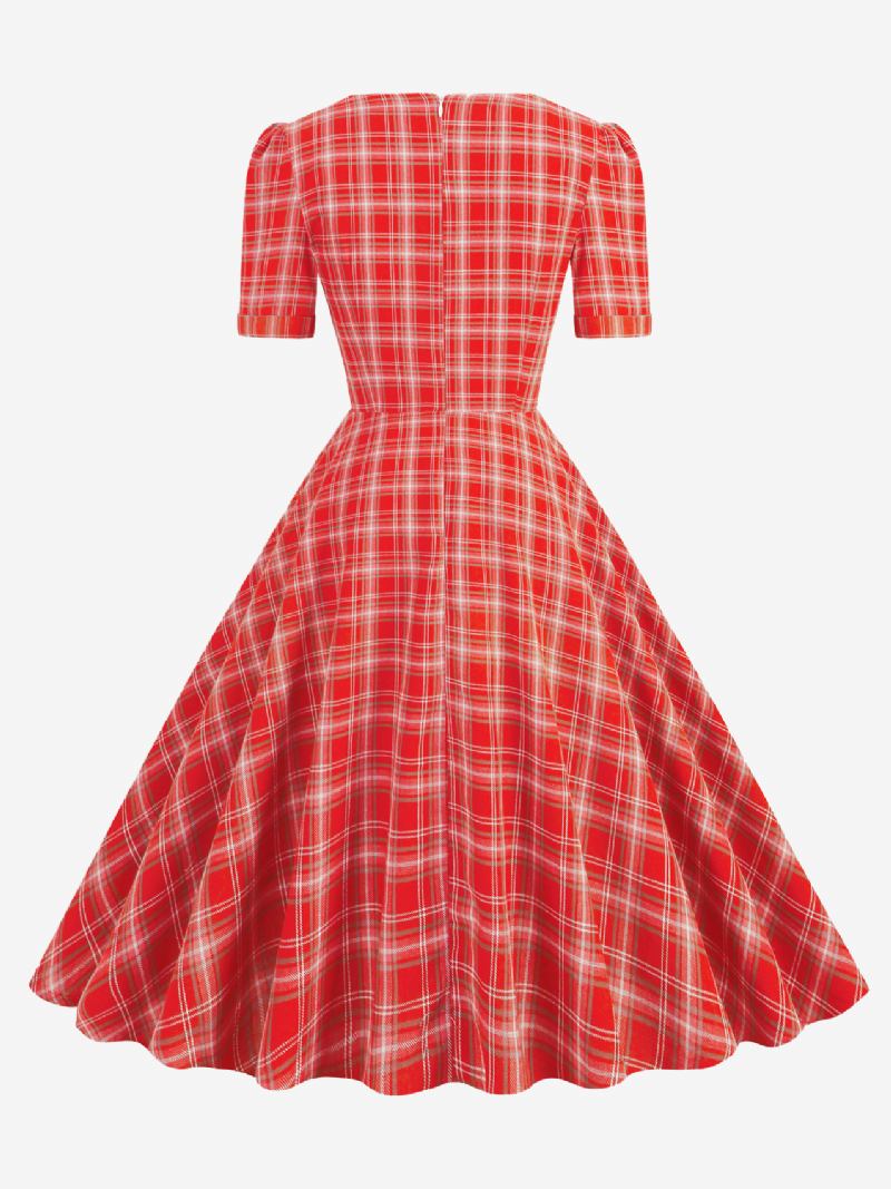 Vestido Feminino Vintage Xadrez Vermelho Anos 50 Audrey Hepburn Estilo Arcos Mangas Curtas Decote Em Coração Médio Swing - Vermelho