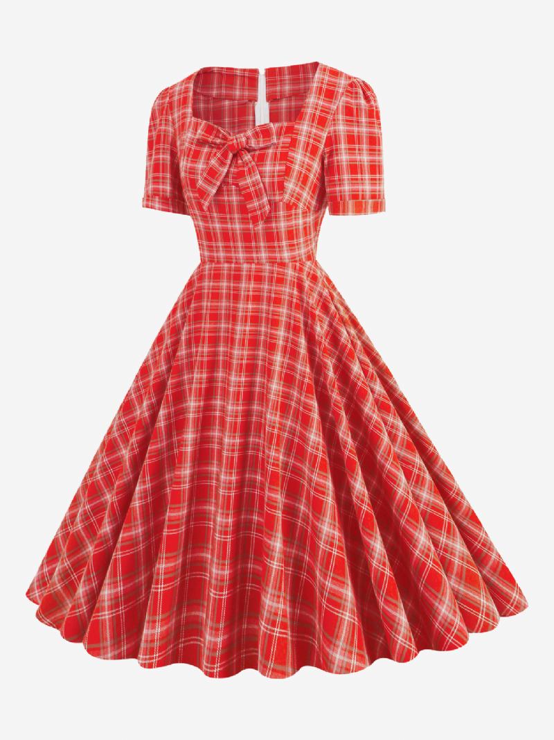 Vestido Feminino Vintage Xadrez Vermelho Anos 50 Audrey Hepburn Estilo Arcos Mangas Curtas Decote Em Coração Médio Swing - Vermelho