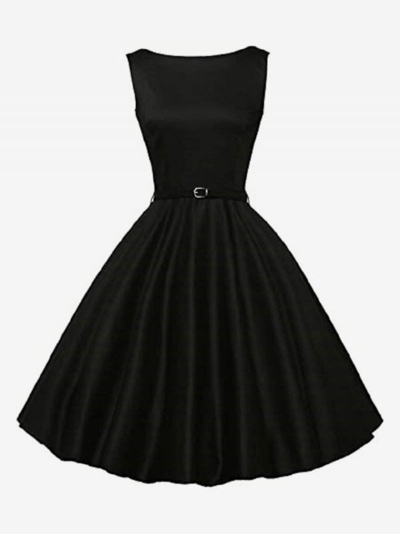 Vestido Preto Vintage Anos 50 Feminino Sem Mangas Com Decote Em Joia Rockabilly