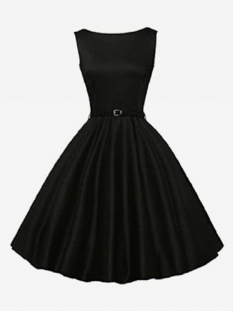 Vestido Preto Vintage Anos 50 Feminino Sem Mangas Com Decote Em Joia Rockabilly