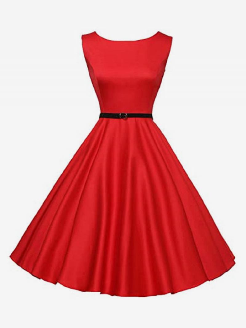 Vestido Preto Vintage Anos 50 Feminino Sem Mangas Com Decote Em Joia Rockabilly - Ture Vermelho