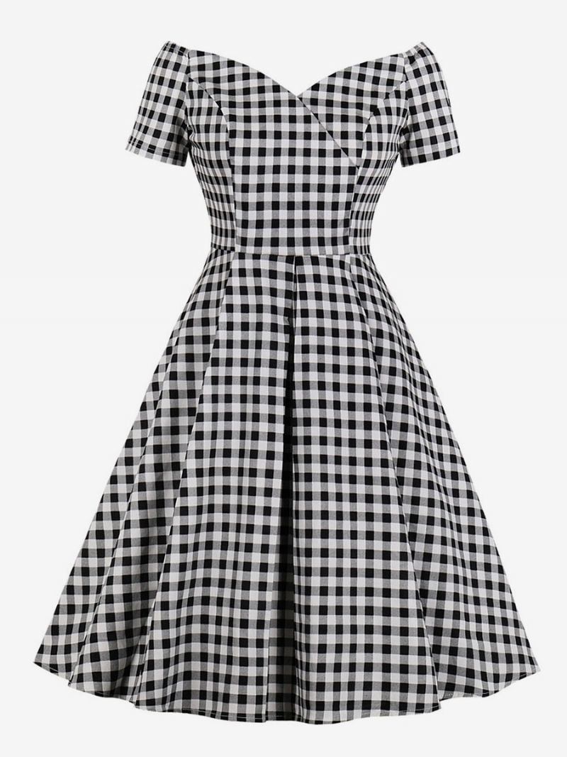 Vestido Preto Vintage Feminino Dos Anos 1950 Audrey Hepburn Estilo Manga Curta Com Decote Em V Vestidos Retrô Xadrez