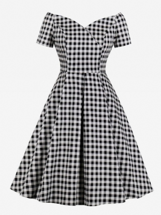 Vestido Preto Vintage Feminino Dos Anos 1950 Audrey Hepburn Estilo Manga Curta Com Decote Em V Vestidos Retrô Xadrez