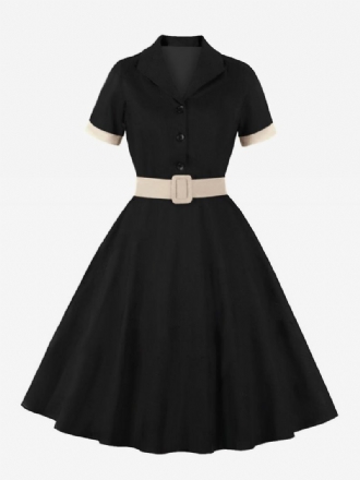 Vestido Retrô Anos 50 Audrey Hepburn Estilo Azul Cinza Feminino Rockabilly Manga Curta