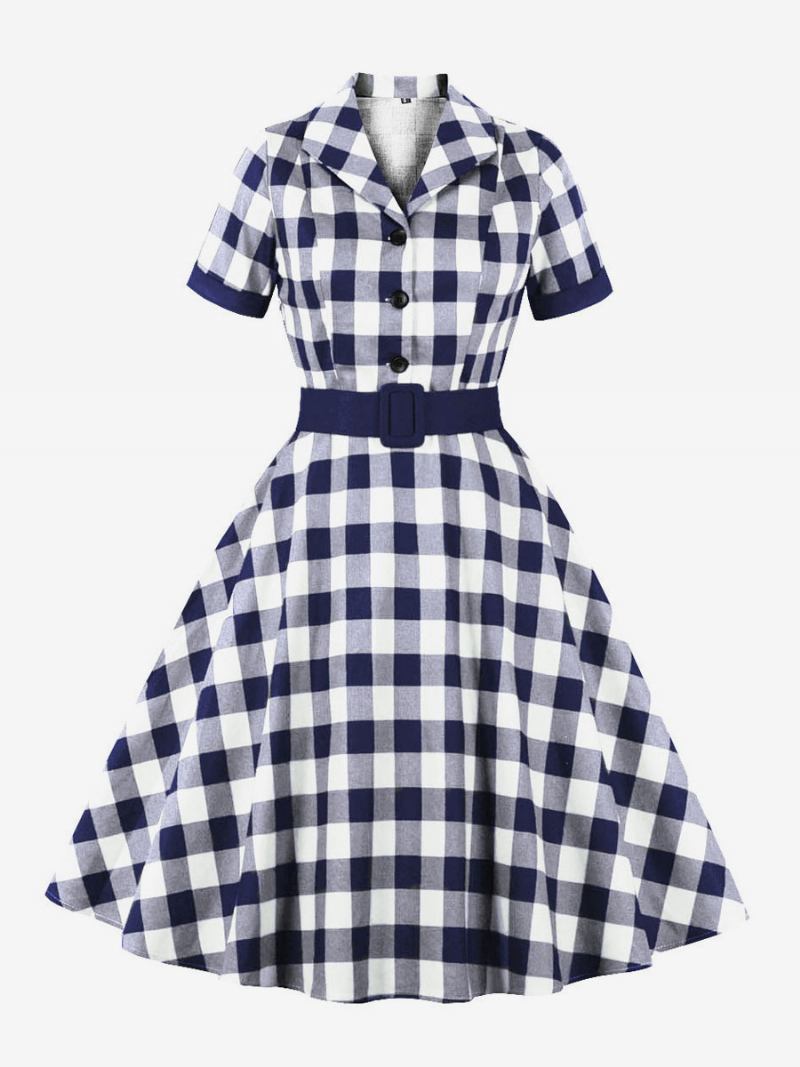 Vestido Retrô Anos 50 Audrey Hepburn Estilo Azul Cinza Feminino Rockabilly Manga Curta - Azul Profundo