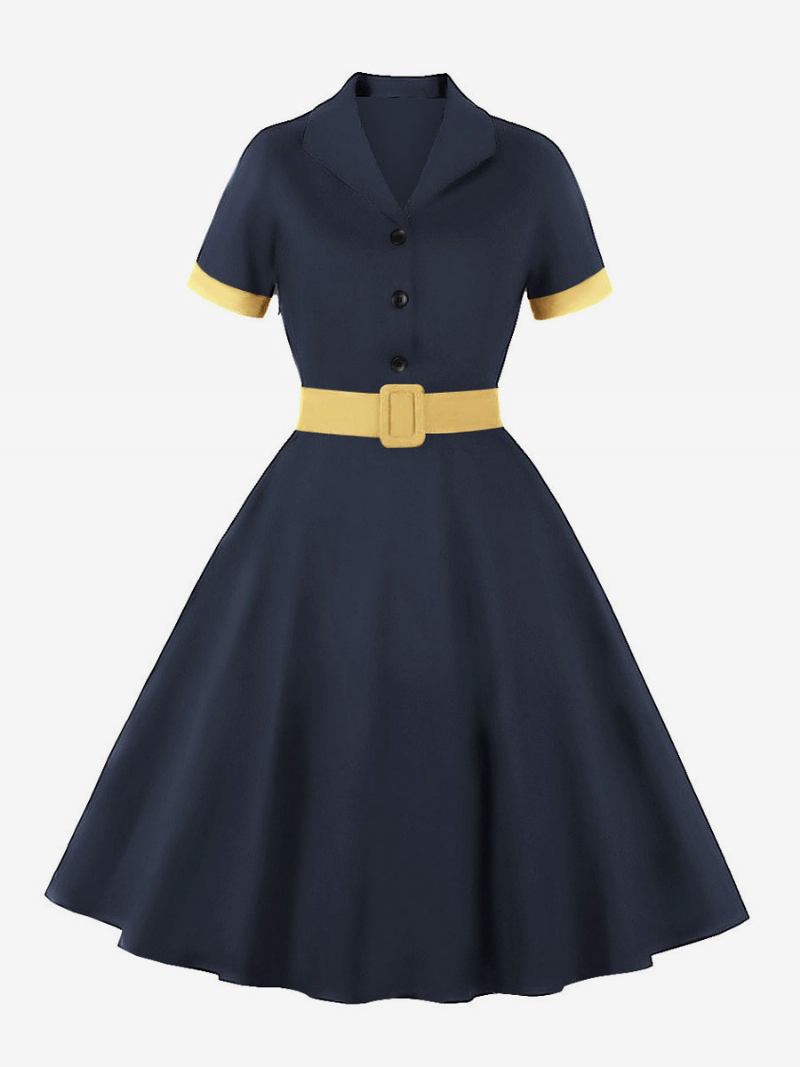 Vestido Retrô Anos 50 Audrey Hepburn Estilo Azul Cinza Feminino Rockabilly Manga Curta - Azul Cinza