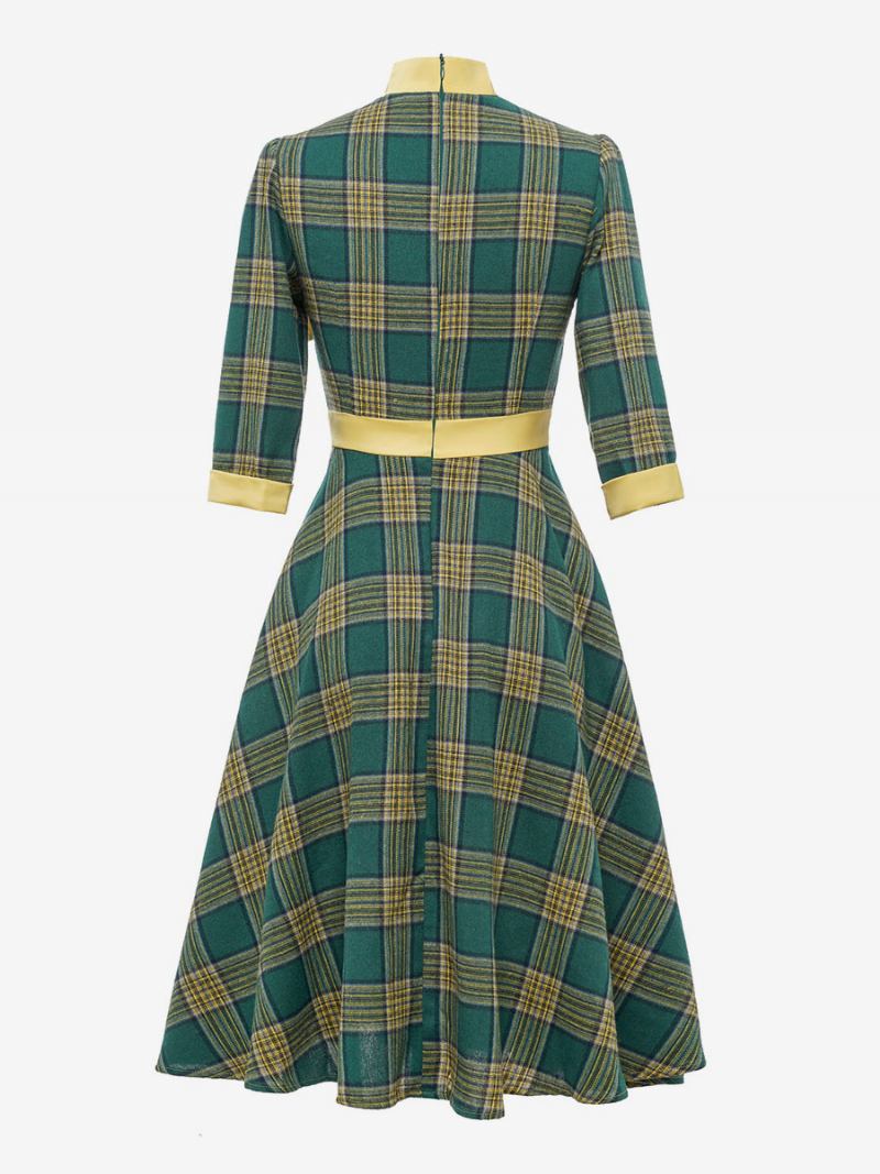 Vestido Retrô Anos 50 Audrey Hepburn Estilo Café Marrom Xadrez Feminino Meia Manga Gola Alta Balanço - Verde