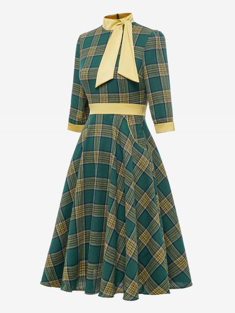 Vestido Retrô Anos 50 Audrey Hepburn Estilo Café Marrom Xadrez Feminino Meia Manga Gola Alta Balanço - Verde