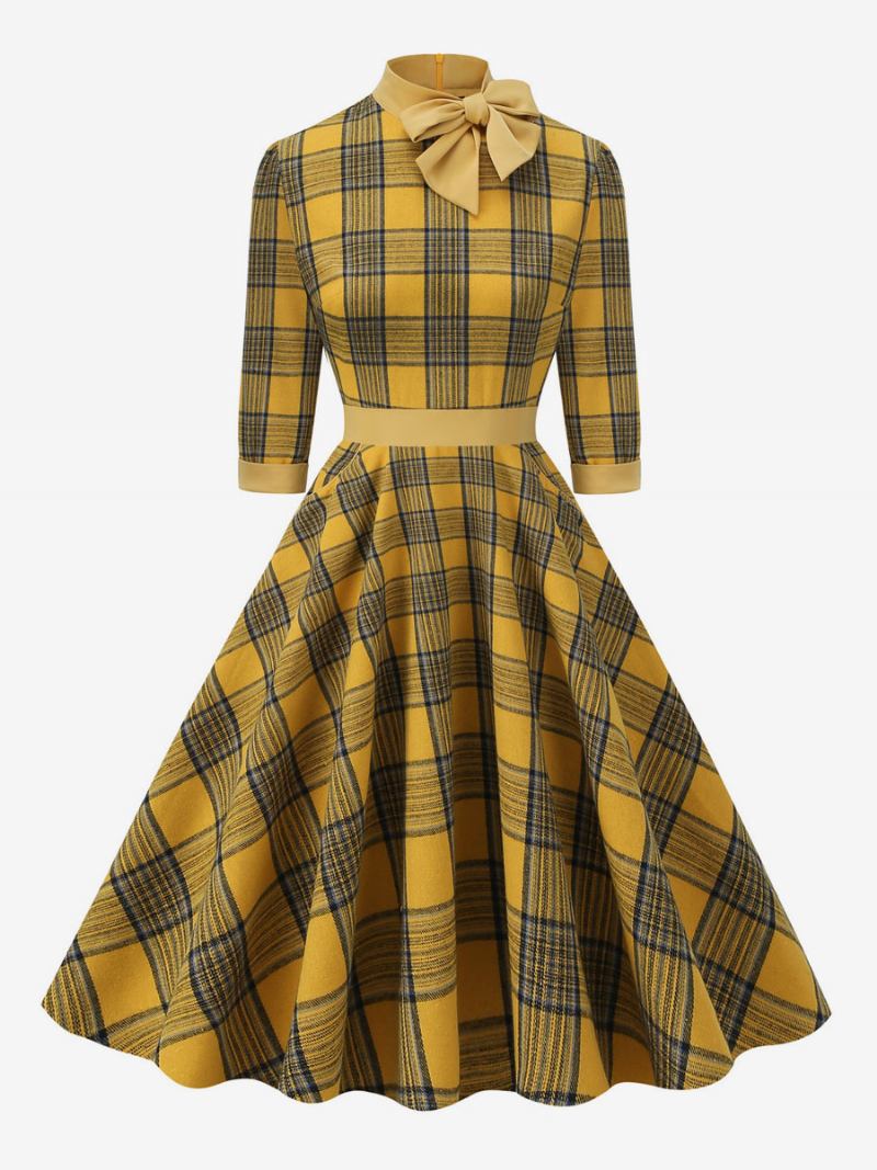 Vestido Retrô Anos 50 Audrey Hepburn Estilo Café Marrom Xadrez Feminino Meia Manga Gola Alta Balanço - Amarelo