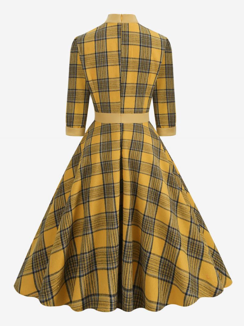 Vestido Retrô Anos 50 Audrey Hepburn Estilo Café Marrom Xadrez Feminino Meia Manga Gola Alta Balanço - Amarelo